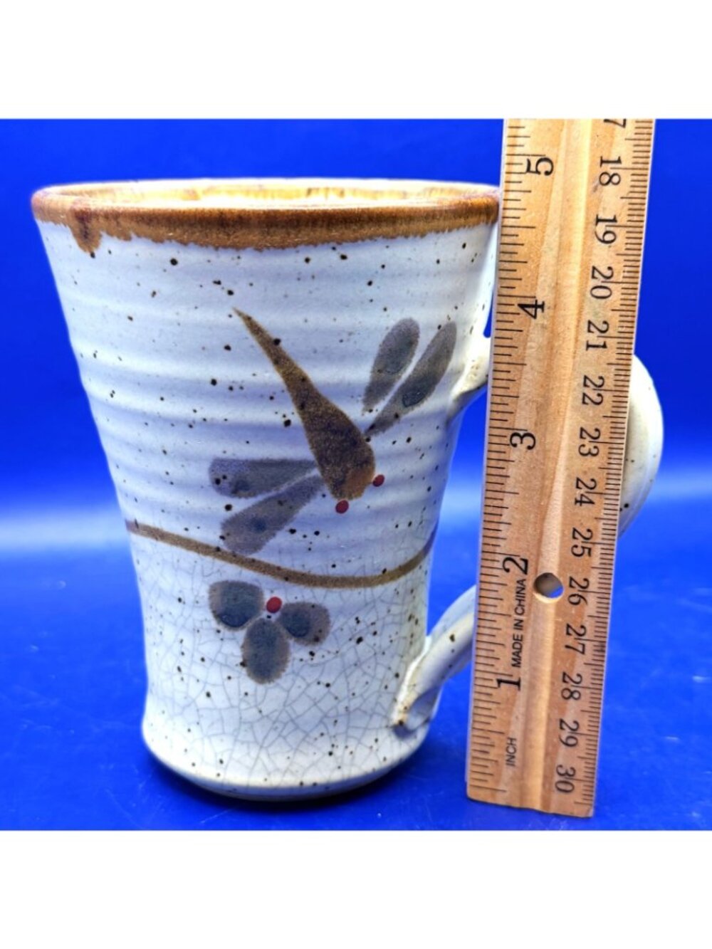 Handmade Studio Pottery Rustic Boho Dragonfly Mug Stoneware 12 oz Signed Set 2 - Picture 3 of 13